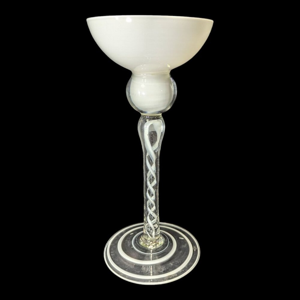 White Art Cased Glass Tall Ball and Cup on Long Stem Candle/Taper Holder 10.75" - Picture 1 of 6